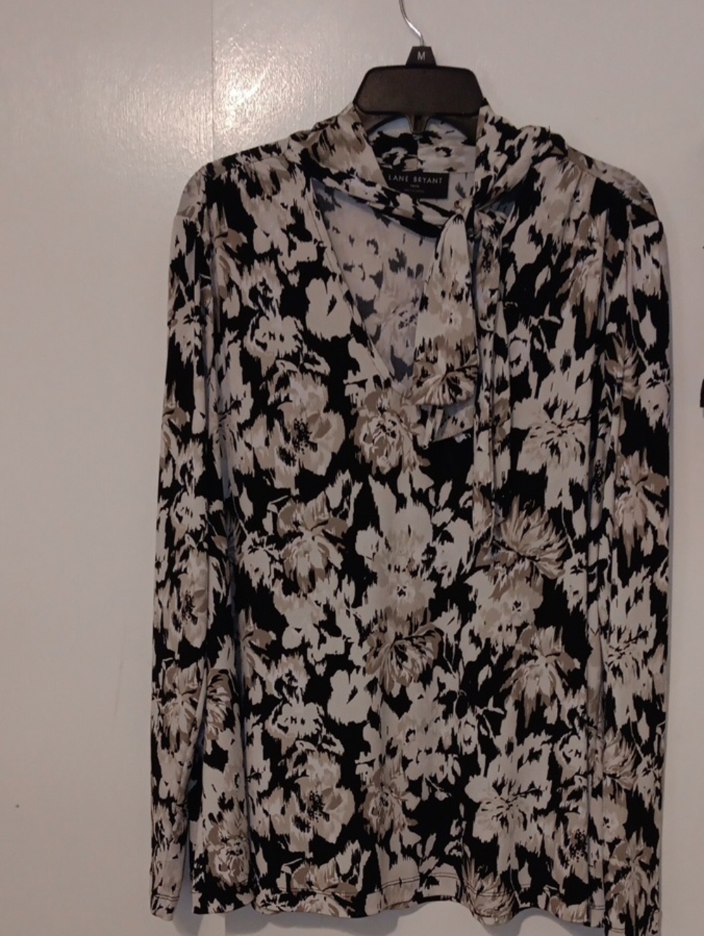 Lane Bryant Black and Cream Floral Tie-Neck Blouse